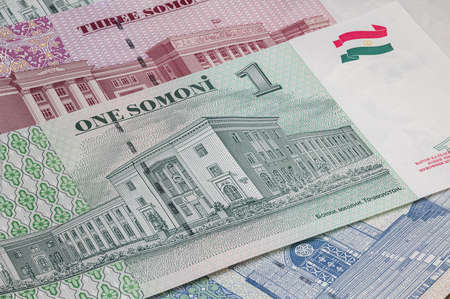 Close up to one Somoni of the Republic of Tajikistan. Paper banknotes of the Asian country. Detailed...