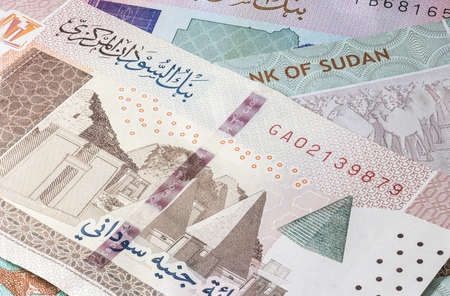 Close up to hundred pounds of the Republic of Sudan. Paper banknotes of the African sudanese...
