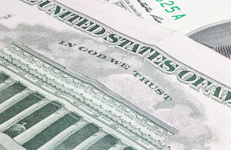 Macro close up on the design surface of dollar notes. Banknotes of the United States America....