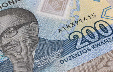 Close up to 500 Kwanza of the Republic of Angola. Polymer banknotes of the African country. Detailed...