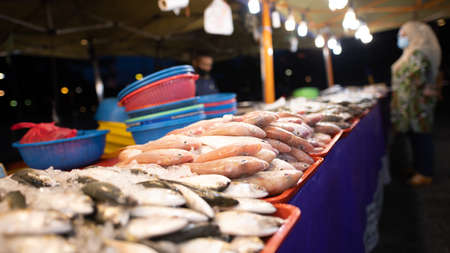 Street food night market at  Putrajaya, near Kuala Lumpur. A seafood stand, the fish are lying on the counter. In the background a customer is waitingのeditorial素材