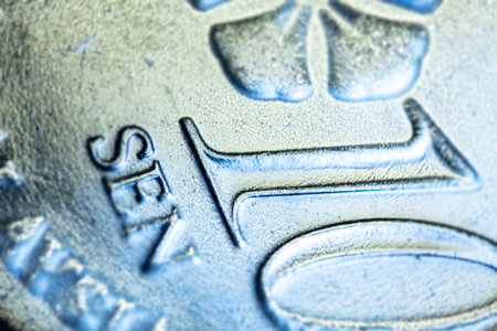 macro close up of 10 Malaysian ringgit cents. The bank negara ten cent coin of Malaysia. Sharp...