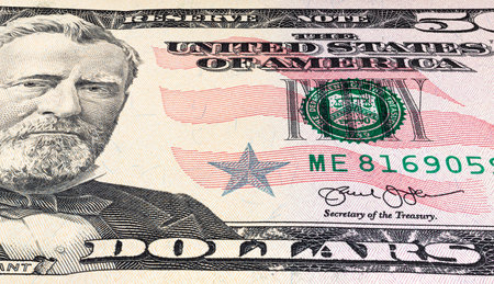 Macro close up of 50 US dollar banknote. Close up of fifty American dollar note. US dollar is the...