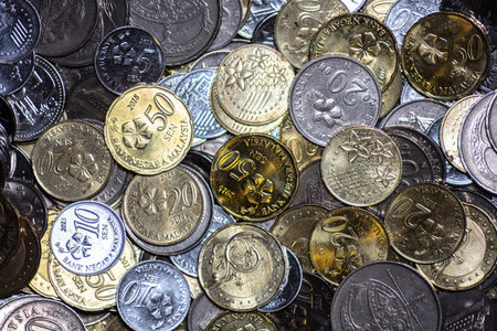 Close up of Malaysian ringgit cents. The coins of the Malaysian currency. Bank Negara issue 5, 10,...