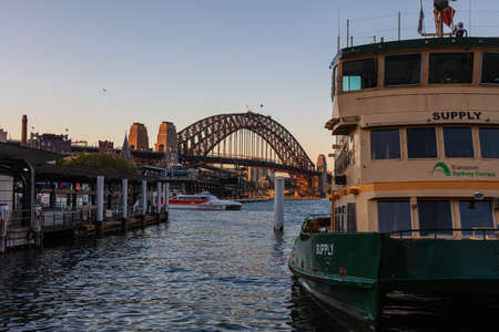 Sydney, Australia - October 14, 2020: The green yellow ferries at Circular Quay, Sydney Australia....