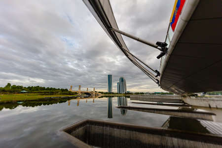 Early morning, before sunrise at Putrajaya bridge in the artificially grown city of Putrajaya, Selangor, Wide Angle capture of cable stayed bridge. Putrajaya Dam and Bridgeのeditorial素材