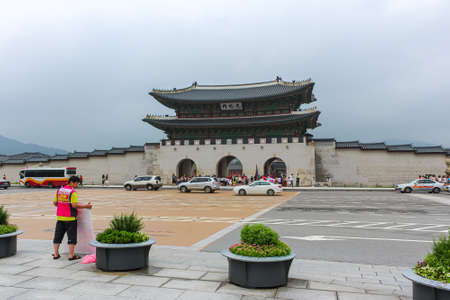 Seoul, South Korea - July 25, 2020: Gwanghwamun main entrance gate to the Gyeongbokgung Palace. Most important royal palace of Joseon Dynasty, cultural heritage. Pine wood used in the construction.のeditorial素材