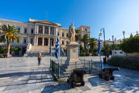 Syros, Greece - July 1, 2021: Andreas Miaouli's statue at the Miaouli square at the island of Syros. One of the islands of the cyclades archipelago in the Aegean Sea. Ermoupoli capital of island groupのeditorial素材