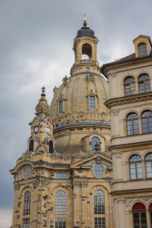 Dresden, Germany - June 28, 2022: The Church of Our Lady or Frauenkirche, Lutheran church in Dresden. Often called a cathedral, but it is not the seat of a bishop. One of the largest domes in Europe.のeditorial素材