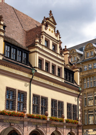 Leipzig, Germany - July 02, 2022: The old town hall or city hall on a sunny day. Due to the use of old foundations, the building has a bend at the right end. The architecture reflects the golden ratioのeditorial素材
