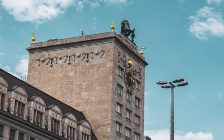 Leipzig, Germany - June 25, 2022: The Krochhochhaus in Leipzig was the city's first skyscraper. The reinforced concrete building, designed as a clock tower, is located on the Augustusplatzのeditorial素材