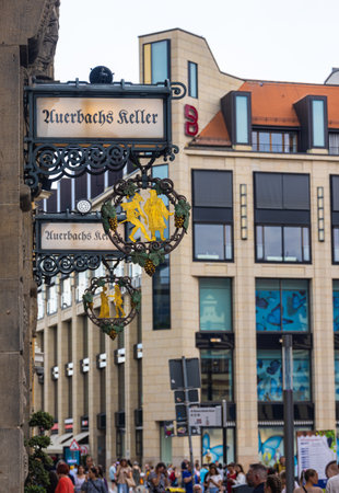 Leipzig, Germany - June 25, 2022: Entrance to the MÃ¤dlerpassage with probably the most famous restaurant in the city, the Auerbachs Keller, which is already mentioned in Goethe's Faust. wall signのeditorial素材