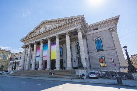Munich, Germany - July 6, 2022: In the morning at the National Theater (Nationaltheater) on the Max Joseph square. Historic opera house, home of the Bavarian State Opera. Beside the Munich Residenceのeditorial素材