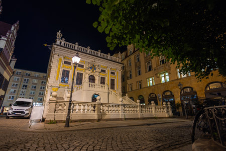 Leipzig, Germany - July 02, 2022: The old stock exchange (Alte Handelsboerse), oldest assembly building of merchants and oldest Baroque building in Leipzig. At night in the city center of Leipzigのeditorial素材