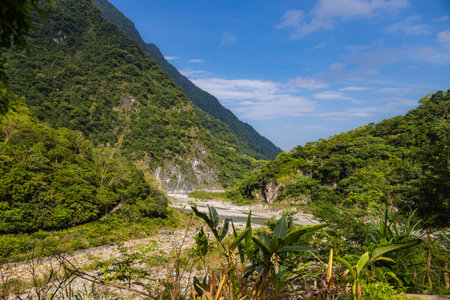 The Taroko National Park in Taiwan is an enchanting paradise that captivates the senses. Its majestic marble cliffs, cascading waterfalls, and lush forests create a symphony of natural beauty.の写真素材