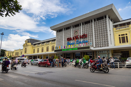 Hanoi, Vietnam - May 28, 2023: Entrance of Hanoi Central Railway Station. Busy crowded street in front of the main train station. It forms the beginning of the train road that runs through the cityのeditorial素材