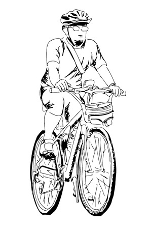 Hand drawn sketch of a man rides on a mountain bike or bicycle.のイラスト素材