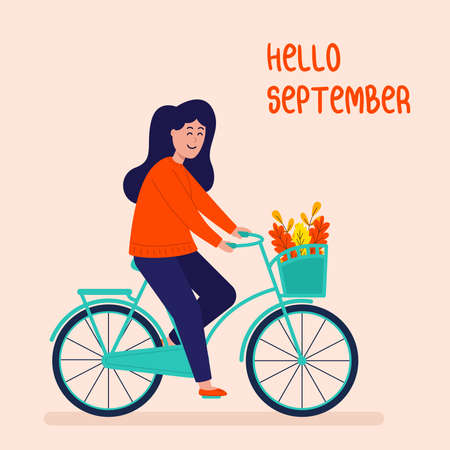 Happy girl rides a bike. Hello September.のイラスト素材