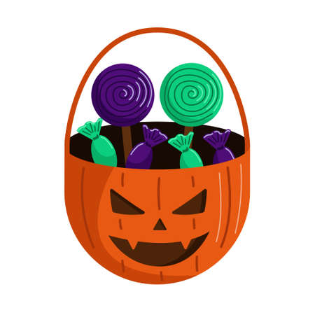 Halloween basket with sweets in flat styleのイラスト素材
