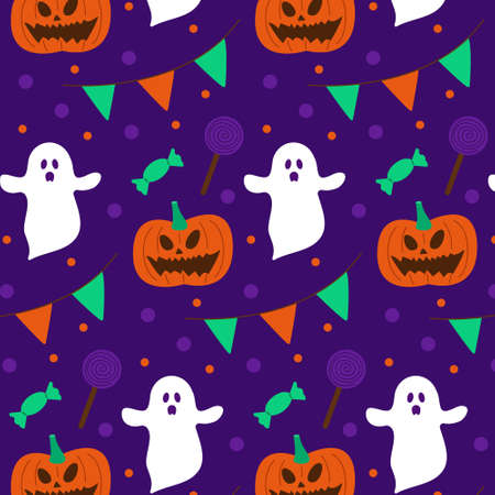Seamless pattern with pumpkin, candy and ghostのイラスト素材