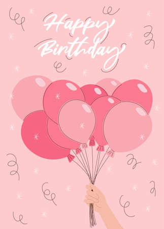 Happy birthday greeting card with pink balloonsのイラスト素材