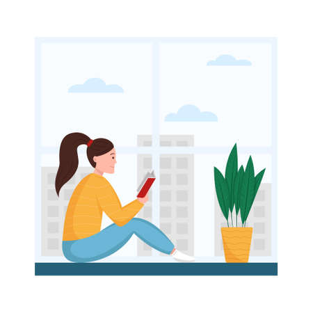 Young woman reading book on the windowsillのイラスト素材