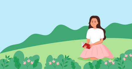 Girl reading a book on the grass.のイラスト素材