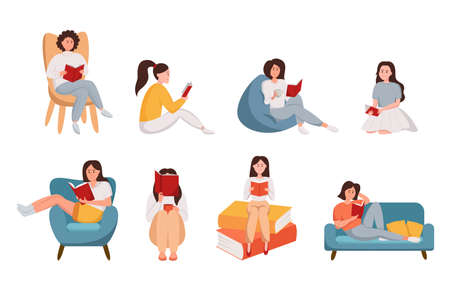 Girls reading a books in different posesのイラスト素材