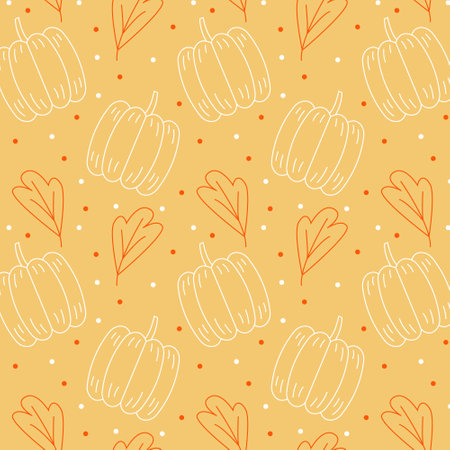 Seamless pattern with doodle leaves and pumpkinsのイラスト素材