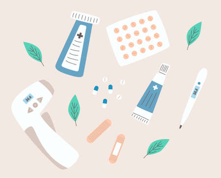 Set of medicines and thermometers in flat style.