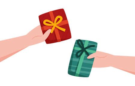 Hands hold christmas gifts on white backgroundのイラスト素材