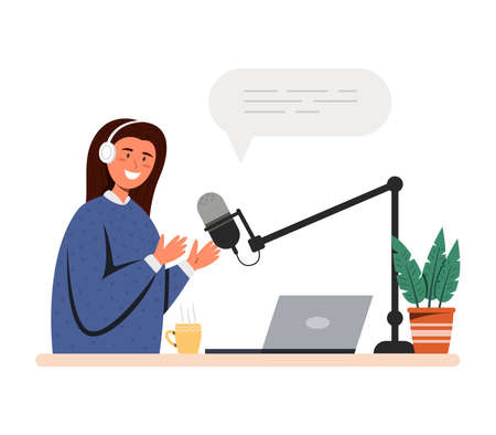 Girl is recording podcast on microphoneのイラスト素材