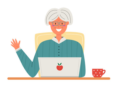 Happy grandma with laptop in flat styleのイラスト素材