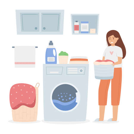 Happy woman doing laundry at homeのイラスト素材