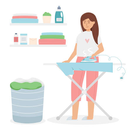 Happy smiling woman ironing clothesのイラスト素材