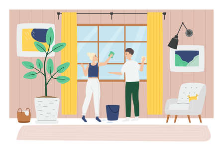 Man and woman wash window in living roomのイラスト素材