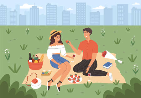 Couple have romantic picnic in city parkのイラスト素材