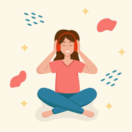 Girl listen music or audiobook in headphonesのイラスト素材