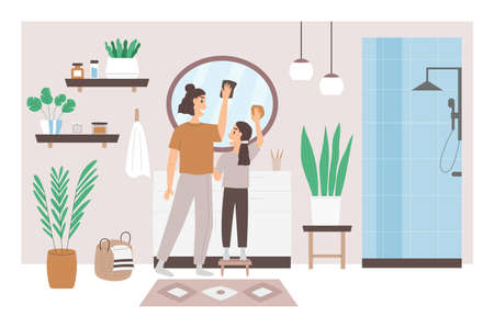 Mother and daughter wash mirrorのイラスト素材