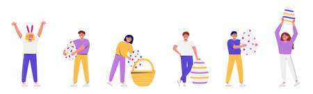 Set of happy people with easter eggs
