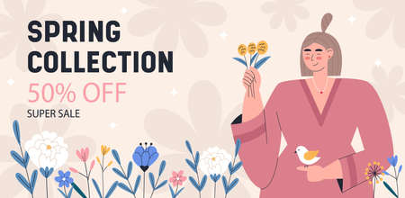 Sale banner with woman and blooming flowersのイラスト素材