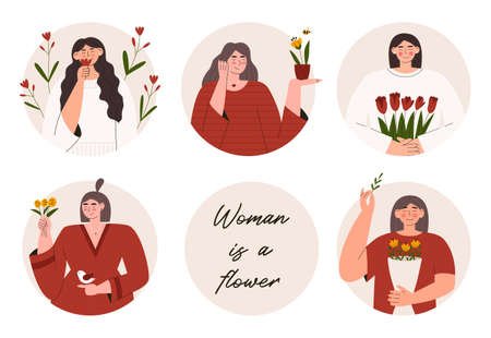 Set cute women with spring flowers in circlesのイラスト素材