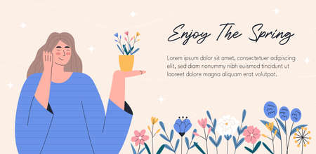 Banner with woman and blooming flowersのイラスト素材