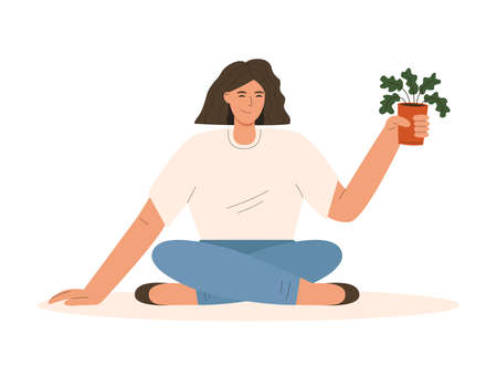 Woman sit and hold potted plantのイラスト素材