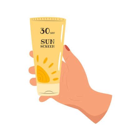Female hand holding sunscreen tubeのイラスト素材