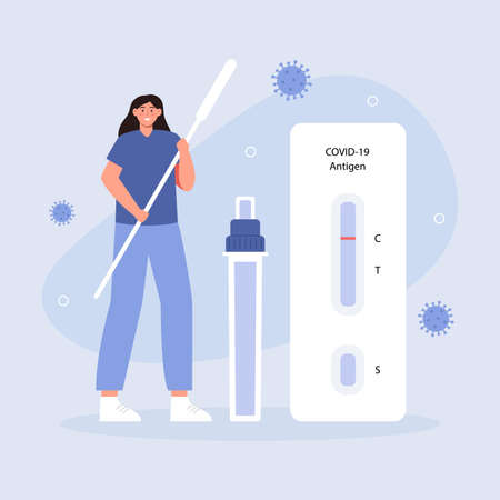 Nurse holding a big wand for collecting analysis ATK. .Negative test result. Antigen test kitのイラスト素材