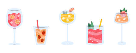 Set of cocktails. Alcoholic beverages, refreshing cocktails with ice cubes, berries and fruits. Summer vacation and beach party. Created for menu designs. flat vector illustrationのイラスト素材
