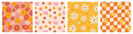 1970 Daisy Flowers Seamless Pattern Set