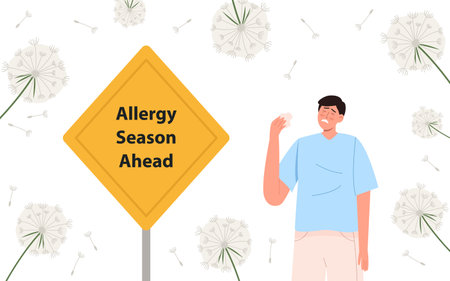 Man with pollen allergy near Yellow signのイラスト素材