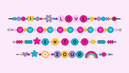 Bracelets from plastic beads in y2k style. Friendship, love bands. Colorful funky bracelets with letters, stars, hearts. cartoon style. Hand made, diy concept. flat vector setのイラスト素材